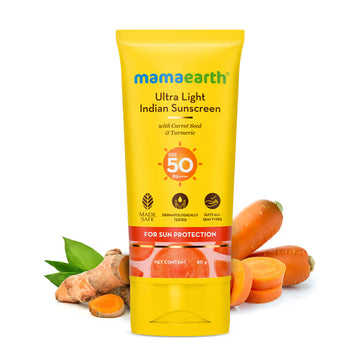 Mama Earth - Ultra Light Indian Sunscreen with Carrot Seed & Turmeric SPF 50 PA+++ (80g)