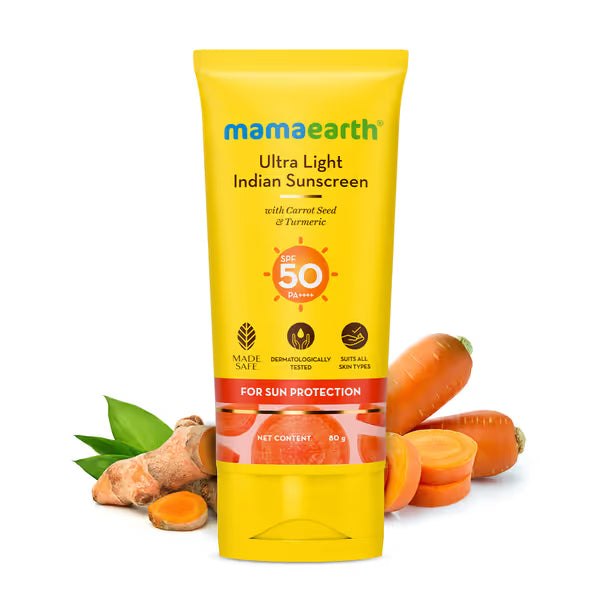 Mama Earth - Ultra Light Indian Sunscreen with Carrot Seed & Turmeric SPF 50 PA+++ (80g)