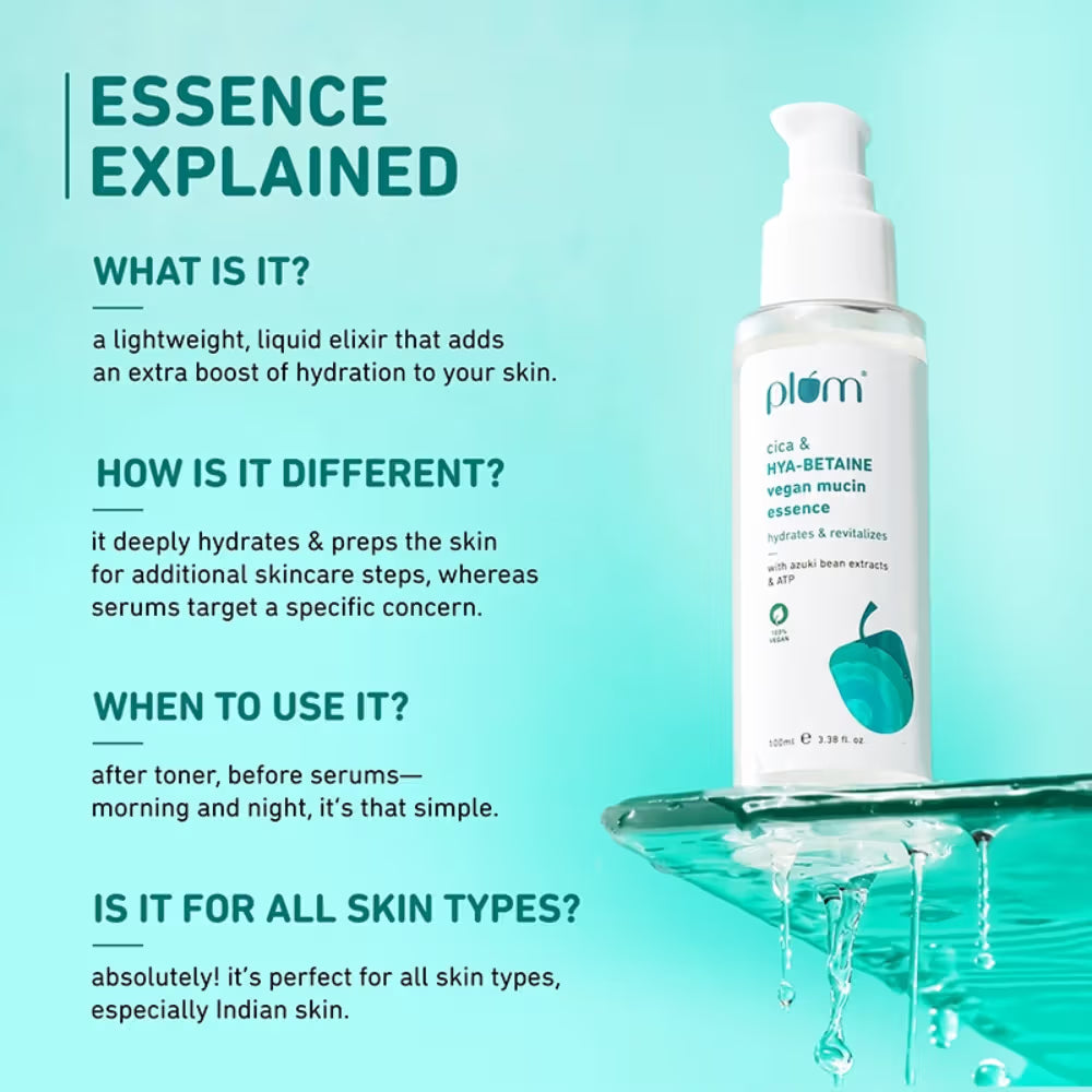 Plum - Vegan Mucin Essence with Cica & Hya-Betaine for Soothing, Multi-Layer 72-Hr Hydration (100ML)