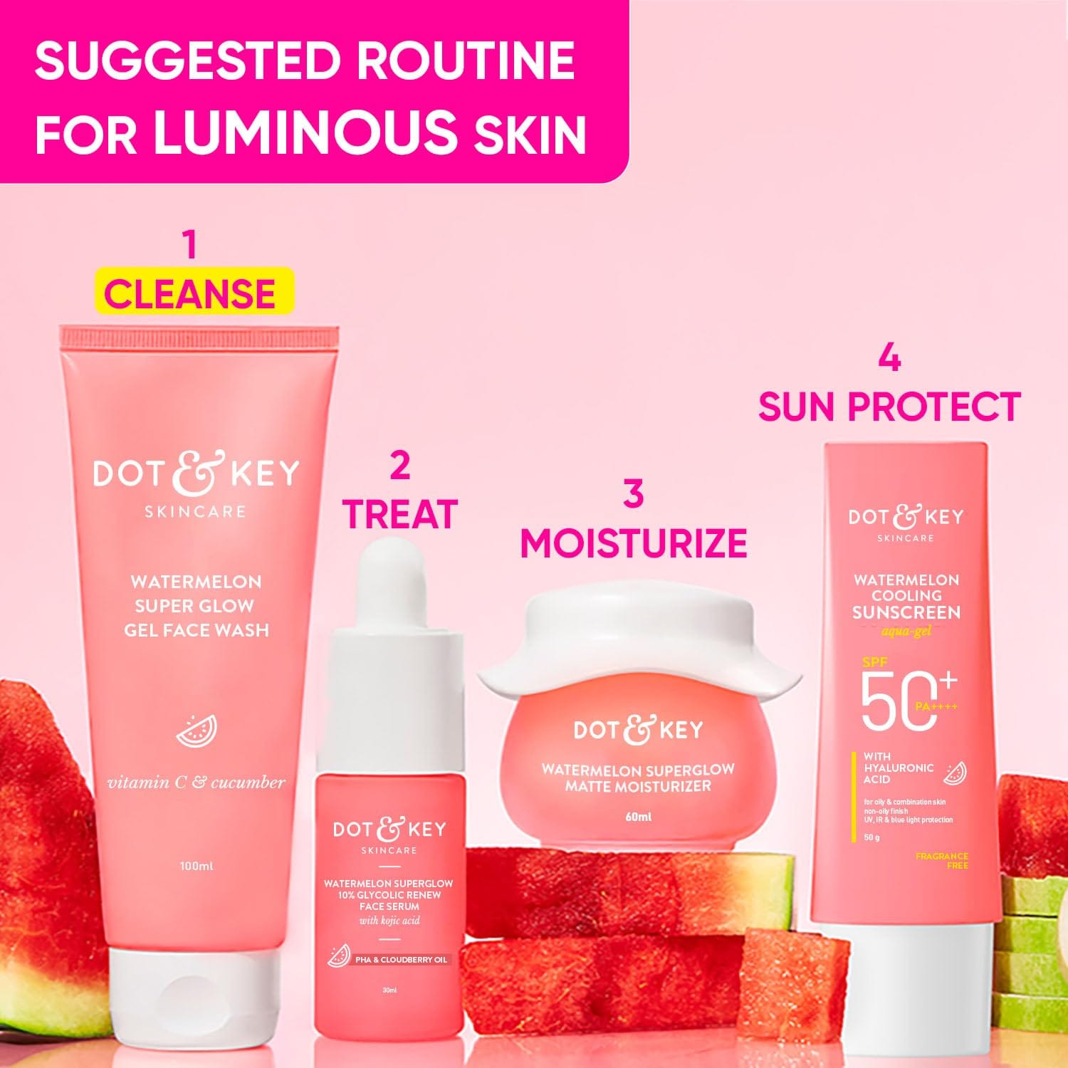 DOT & KEY - Watermelon Super Glow Gel Face Wash With Vitamin C & Cucumber Face Wash For Glowing Skin Oil Free Face Wash Removes Excess Oil&Dirt For Combination & Oily Skin For Women & Men (100ML)