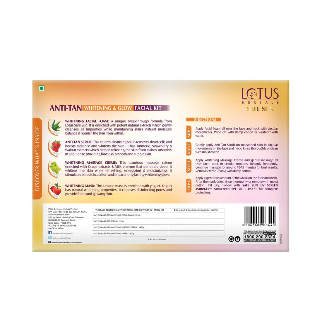 Lotus Herbals - Safe Sun Anti Tan Whitening and Glow Facial Kit