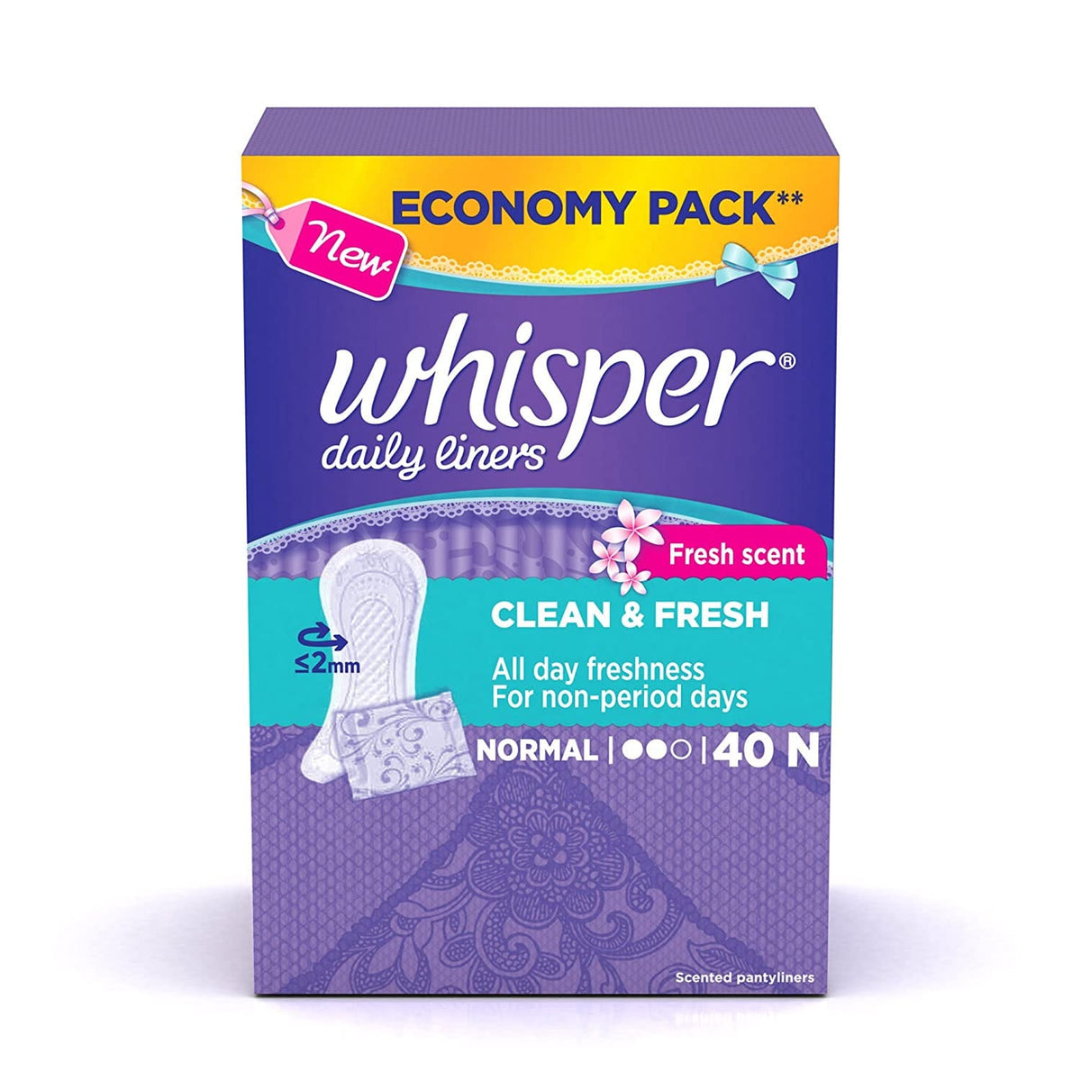 Whisper - Clean and Fresh Daily Liners, 40 Sanitary pads for women (Pack of 1)