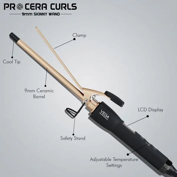 Vega – Pro Cera Curls 9mm Skinny Hair Curler - (VPMCT 07)