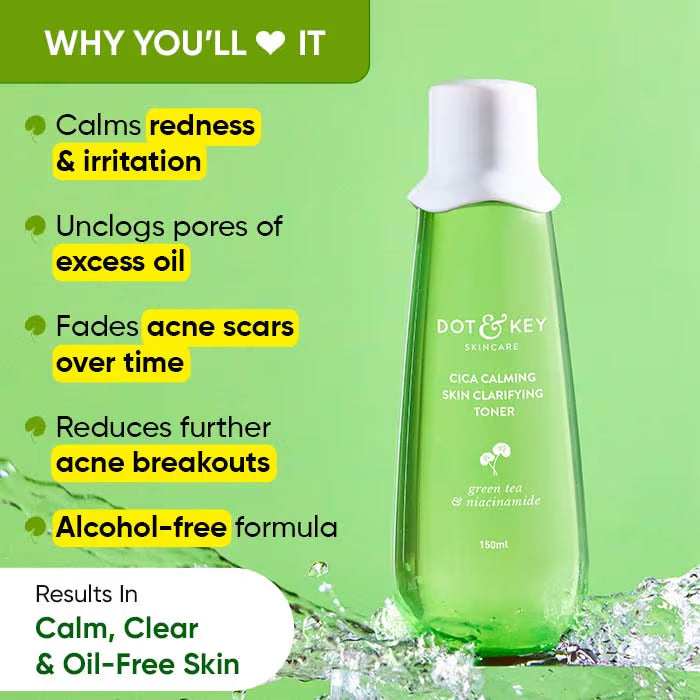Dot & Key Cica, Green Tea & Niacinamide Calming Skin Clarifying Toner For Oily & Acne Prone Skin (150ml)