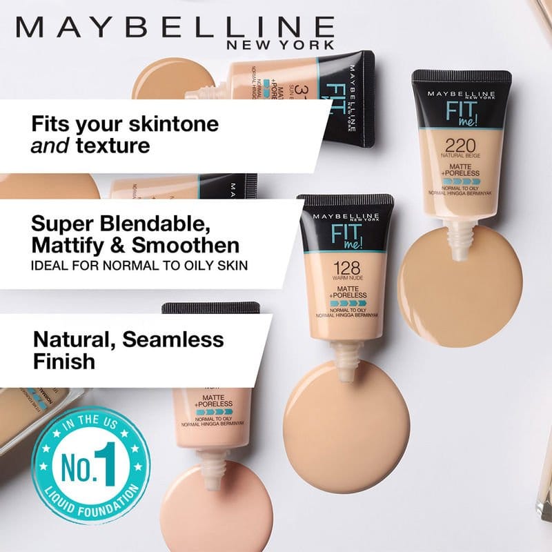 Maybelline New York Fit Me Matte+Poreless Liquid Foundation Tube SPF 22 (18mL)