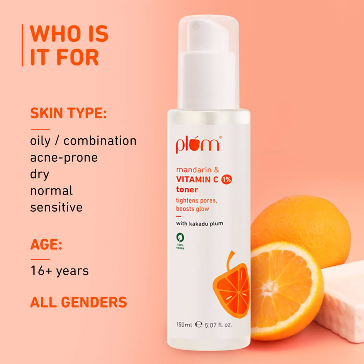 Plum 1% Vitamin C Toner with Mandarin & Kakadu Plum Reduce Dark Spots Boosts Glow All Skin (150 ml)