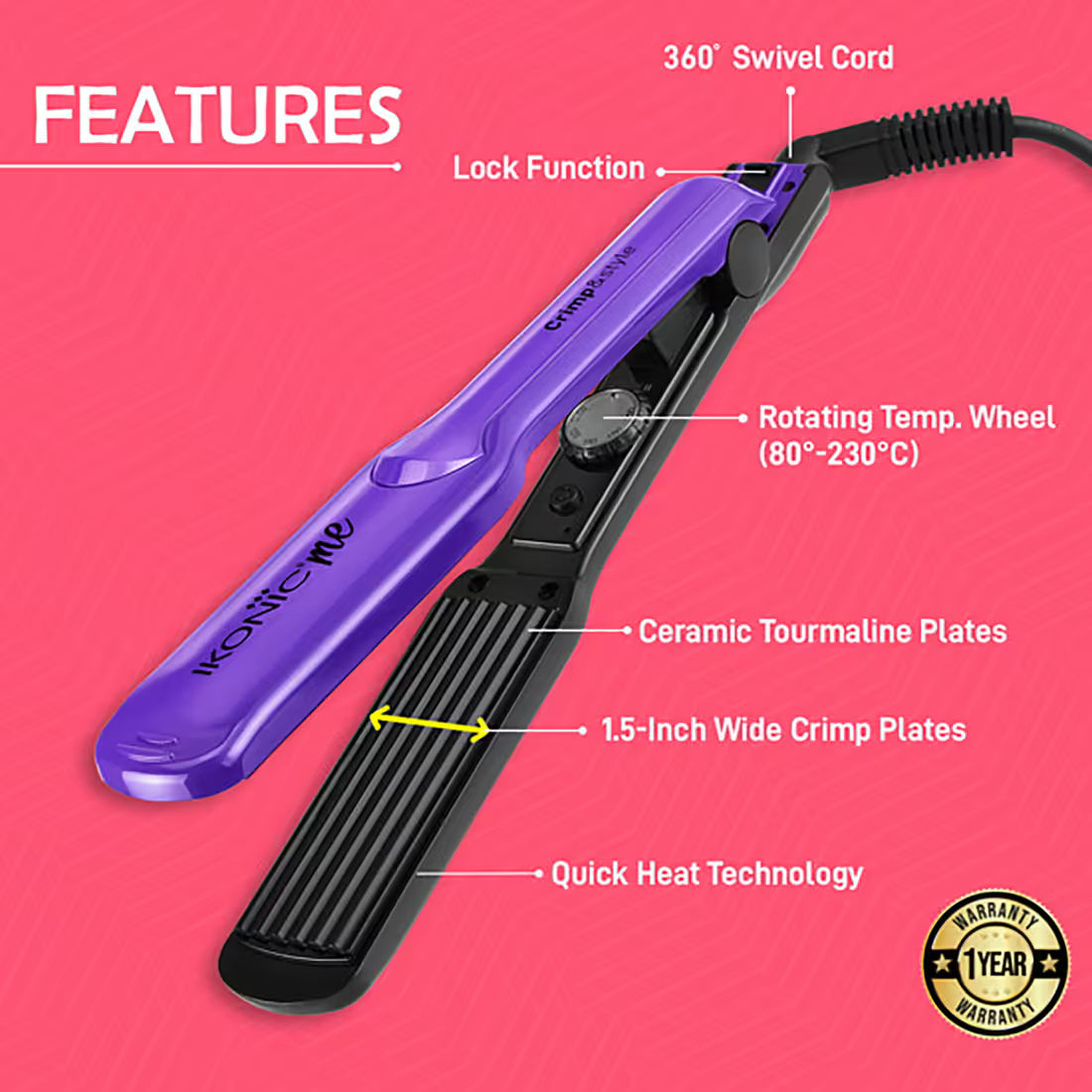 Ikonic Professional - Hair Crimper Crimp & Style 1.5 Inch Wide Texture Plates